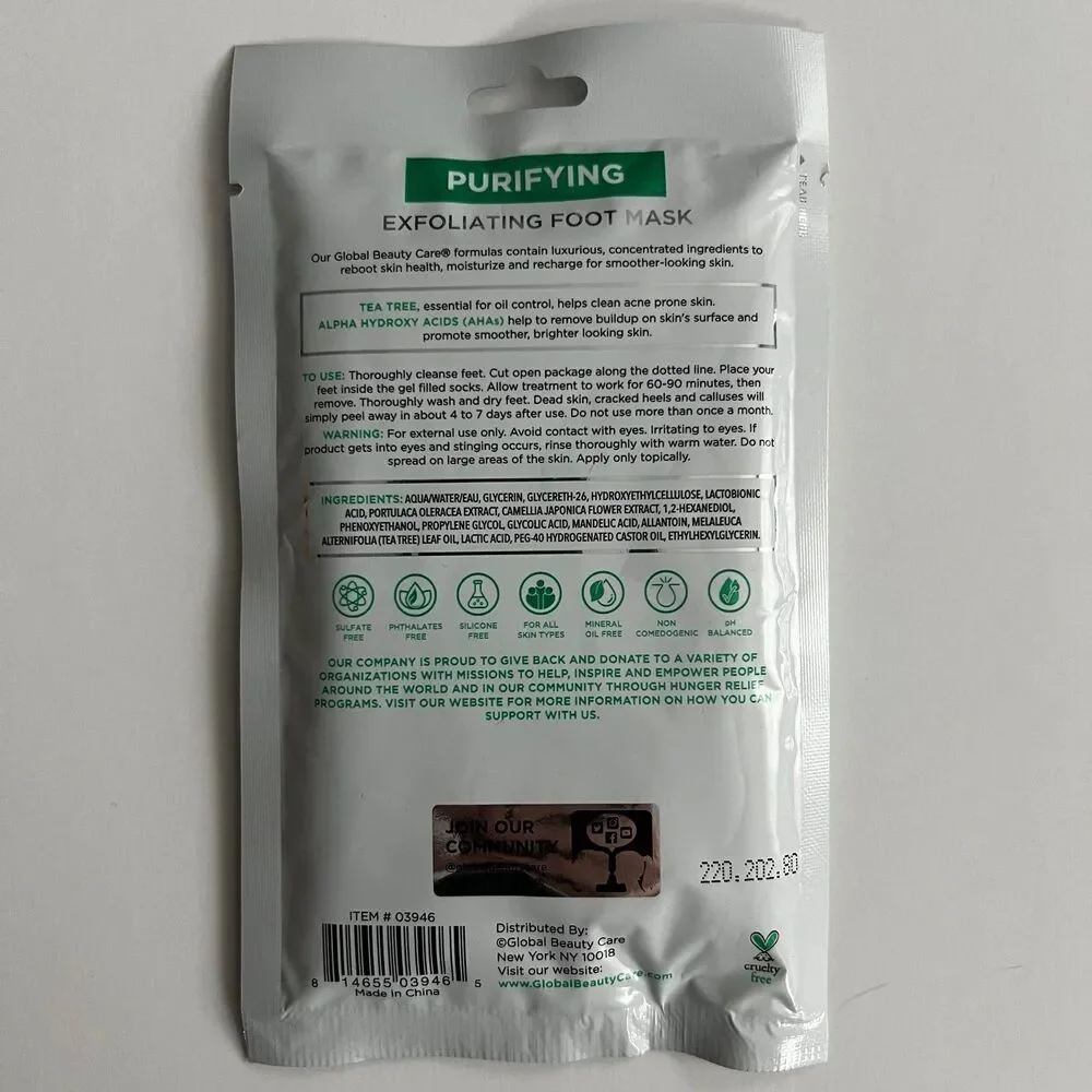 GlobalBeautyCare Purifying Exfoliating Tea Tree Oil & AHA Foot Mask - 1 Pair NWT - Picture 2 of 2